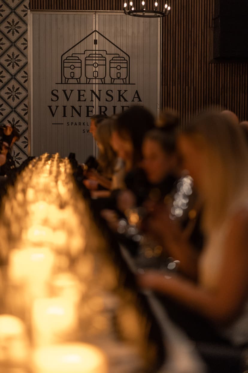 Gäster vid ett långbord i levande ljus under en vinprovning hos Svenska Vineriet